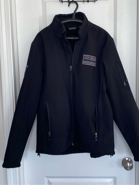 Eddie Bauer Rugged Ripstop Soft Shell Jacket Black American Flag Blue Line Zip L